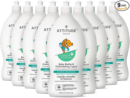 ATTITUDE Baby Dish Soap and Bottle Cleaner, EWG Verified Dishwashing Liquid, No Added Dyes or Fragrances, Tough on Milk Residue and Grease, Vegan, Pear Nectar, 23.7 Fl Oz (Pack of 9)