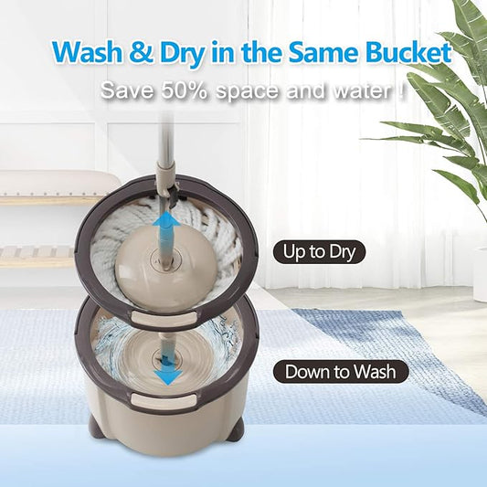 Eyliden 360° Spin Mop Bucket System - Rapid Dry, 2 Microfiber Pads, Adjustable Handle - Mop and Bucket for Home & Commercial Floors, Brown