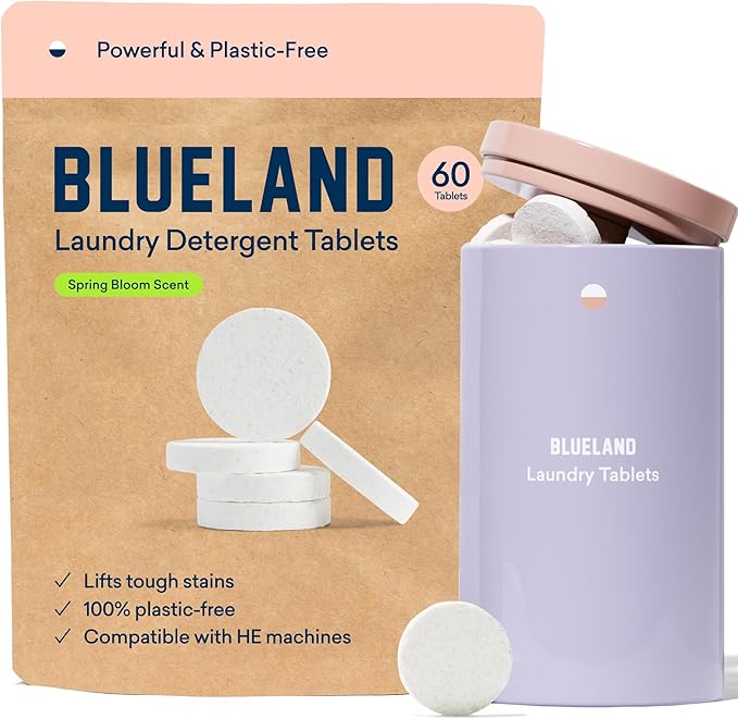 BLUELAND Laundry Detergent Tablets, Starter Set, 60 Count with Tin, Spring Bloom Scent, Plastic-Free Eco-Friendly Pods, Sheets, Liquid Alternative - Natural, Gentle, Non Toxic