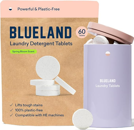 BLUELAND Laundry Detergent Tablets, Starter Set, 60 Count with Tin, Spring Bloom Scent, Plastic-Free Eco-Friendly Pods, Sheets, Liquid Alternative - Natural, Gentle, Non Toxic