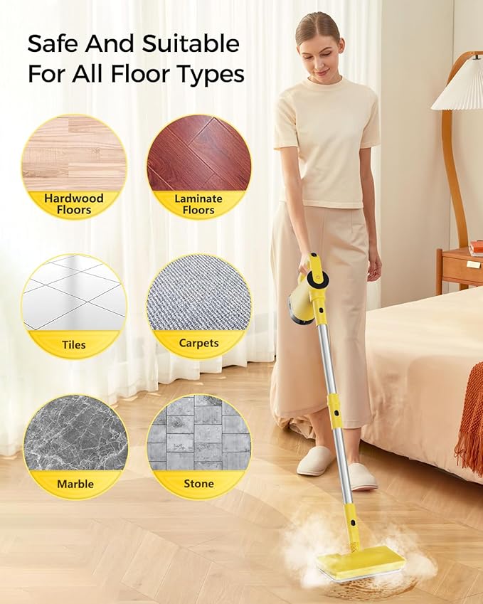Steam Mops for Floor Cleaning, with 7-in-1 Attachments, 13OZ Water Tank, 23ft Power Cord, Detachable Handheld Steamer for Cleaning Hardwood, Tile, Glass, and Ironing (Yellow-A1)