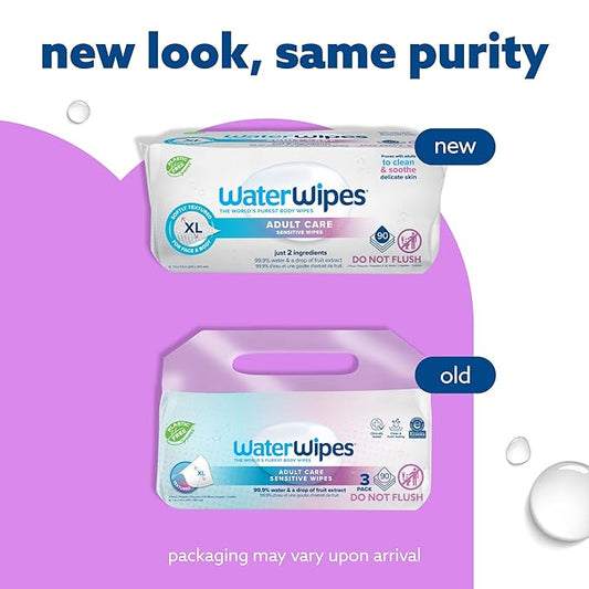 WaterWipes Adult Care Sensitive Body & Intimate Hygiene Wipes, 90 Wipes (3 Packs), Extra Large Textured, 99.9% Water-Based, For Everyday Personal Uses