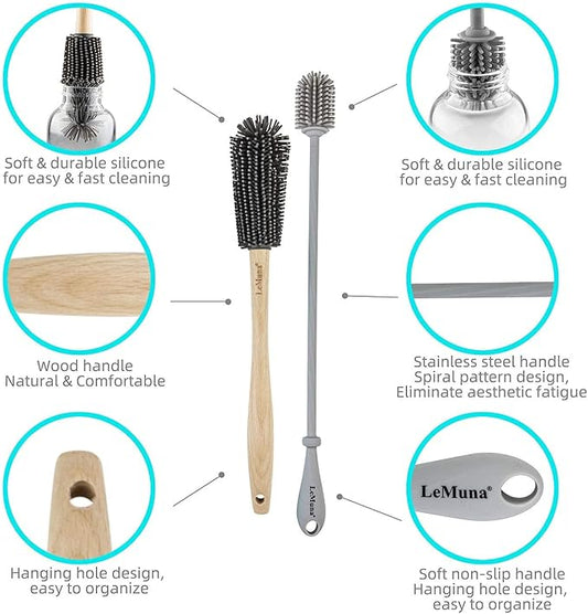 LeMuna Silicone Bottle Brushes Set (Including 1 Wooden Handle Water Bottle Cleaner Brush, 1 Silicone Brush & 1 Straw Brush) for Hydro Flask, Sports Bottle, Glassware