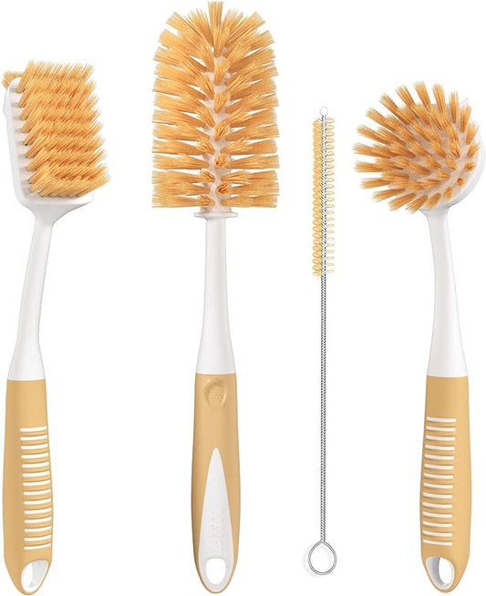 Dish Brush Set of 4 - Kitchen Scrub Brushes with Non-Slip Long Handle for Cleaning, Scrubber, Dishwashing, Dishes, Bottles, Straws, Cups, Pots & Sink, Baige