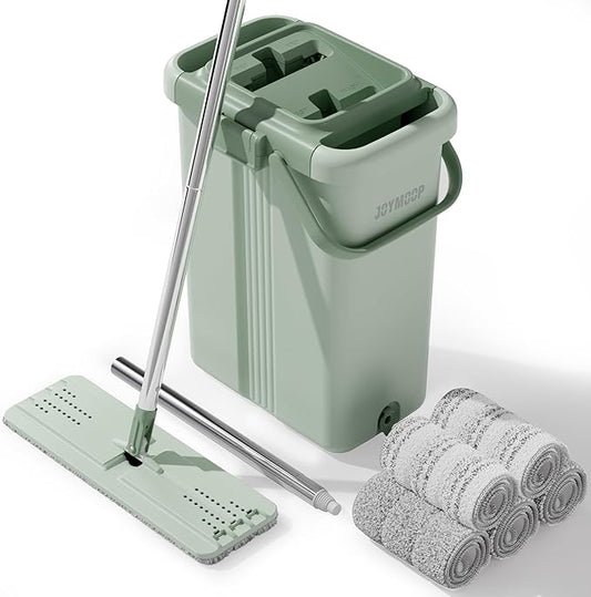 JOYMOOP Mop and Bucket Set - Mops for Floor Cleaning & Wall Cleaner with Long Handle, Include 5 Microfiber Mop Pads - Green Bucket (X-Large)