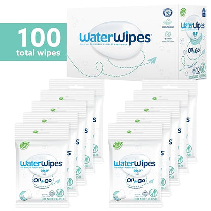 WaterWipes On The Go Wipes, 99.9% Water-Based Wipes for Travel, Sports, and to Refresh Skin, Unscented & Hypoallergenic, 100 Count (10 Packs)