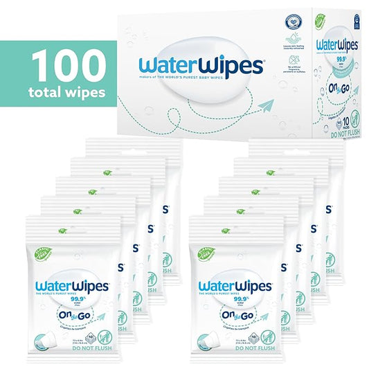 WaterWipes On The Go Wipes, 99.9% Water-Based Wipes for Travel, Sports, and to Refresh Skin, Unscented & Hypoallergenic, 100 Count (10 Packs)