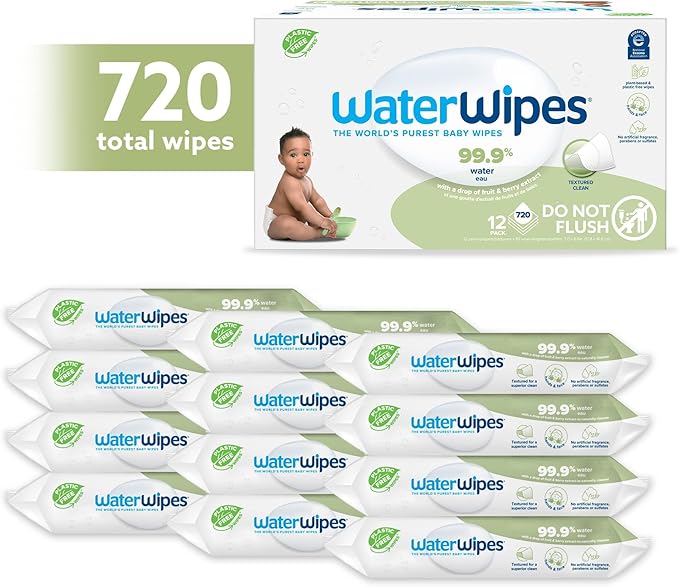 WaterWipes Plastic-Free Textured Clean, Toddler & Baby Wipes, 99.9% Water Based Wipes, Unscented & Hypoallergenic for Sensitive Skin, 60 Count (12 packs), Packaging May Vary