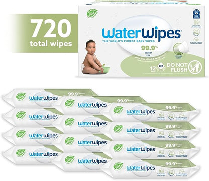 WaterWipes Plastic-Free Textured Clean, Toddler & Baby Wipes, 99.9% Water Based Wipes, Unscented & Hypoallergenic for Sensitive Skin, 60 Count (12 packs), Packaging May Vary