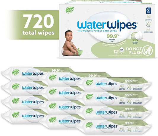 WaterWipes Plastic-Free Textured Clean, Toddler & Baby Wipes, 99.9% Water Based Wipes, Unscented & Hypoallergenic for Sensitive Skin, 60 Count (12 packs), Packaging May Vary