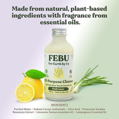 FEBU All Purpose Cleaner, Fresh Lemon, 4oz | Powerful Natural Cleaner Concentrate With Essential Oils | Makes 192 Fl Oz of Multipurpose Spray | Plant-Based, Human Safe Ingredients | Plastic Free