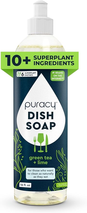 Puracy Natural Dish Soap - Skin-Softening Plant-Based Dishwashing Soap, Non-Toxic Dish Soap, Organic Liquid Dishwashing Detergent Soap (Green Tea & Lime, 16 fl oz)