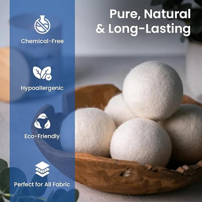 100% New Zealand Wool Dryer Balls – Premium Reusable Natural Fabric Softener – Hypoallergenic, Chemical-Free & Eco-Friendly Laundry Softening – Reduces Drying Time by 30% - 6 Pack