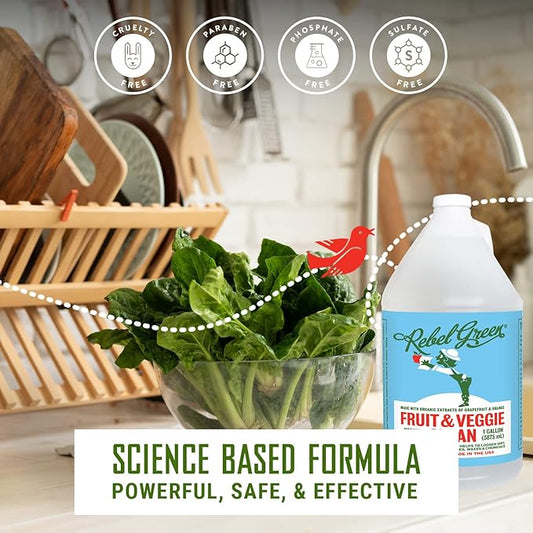 Rebel Green Fruit & Veggie Wash - Natural Produce Wash - Plant-Based Fruit & Vegetable Wash with No Aftertaste - Sustainable Food Wash - (1 Gallon Refill Bottle)