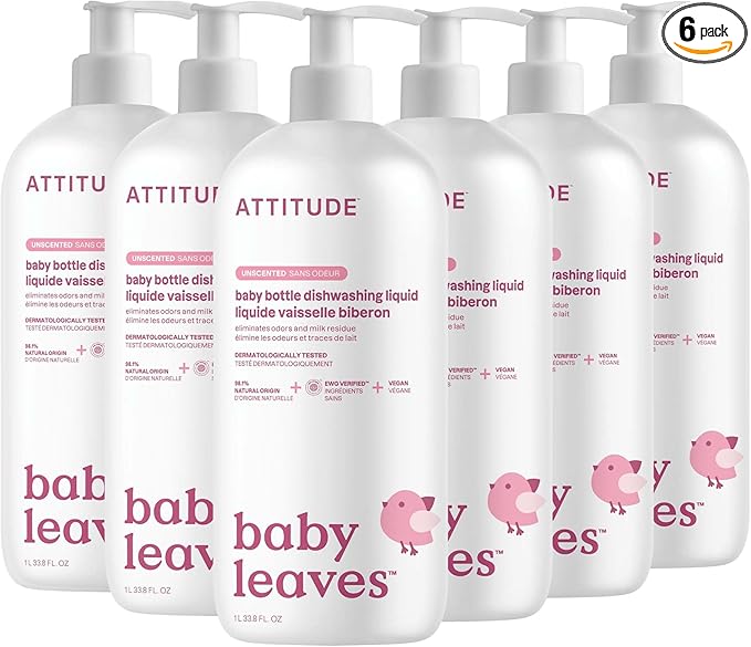 ATTITUDE Baby Dish Soap and Bottle Cleaner, EWG Verified Dishwashing Liquid, No Added Dyes or Fragrances, Tough on Milk Residue and Grease, Vegan, Unscented, 33.8 Fl Oz (Pack of 6)