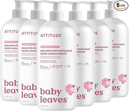 ATTITUDE Baby Dish Soap and Bottle Cleaner, EWG Verified Dishwashing Liquid, No Added Dyes or Fragrances, Tough on Milk Residue and Grease, Vegan, Unscented, 33.8 Fl Oz (Pack of 6)