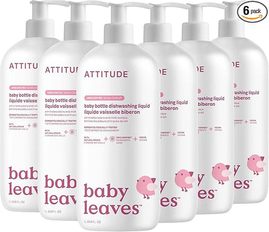 ATTITUDE Baby Dish Soap and Bottle Cleaner, EWG Verified Dishwashing Liquid, No Added Dyes or Fragrances, Tough on Milk Residue and Grease, Vegan, Unscented, 33.8 Fl Oz (Pack of 6)