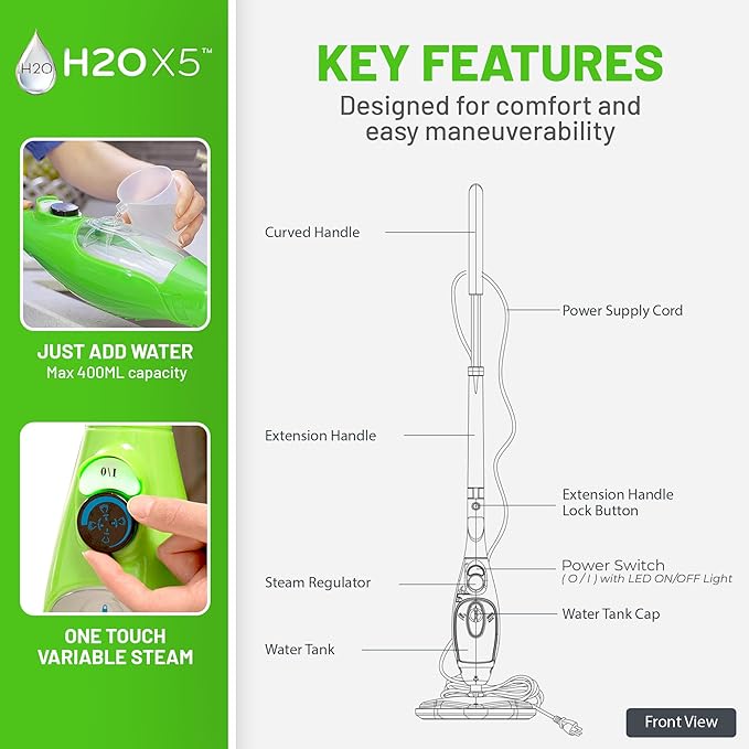 H2O 5-in-1 Multi-Purpose, Handheld Steam Cleaner, Adjustable Height, Removable Tank, Large Capacity, Rapid Heat Up, Steam Control, Lightweight, High Pressure