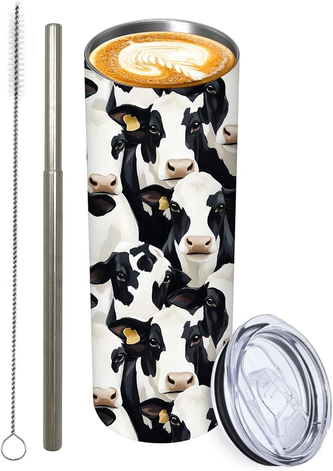1Pcs Cow Print Stainless Tumbler with lid and straw - 20oz Travel Mug, Reusable Metal Straw & Brush, Double-Wall Vacuum Bottle Cup for Coffee Wine Tea Hot and Cold Drinks,Gifts