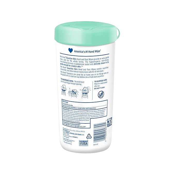 Wet Ones Hand and Face Wipes, Sensitive Skin Wipes | Unscented Wipes, Hand and Face Wipes Sensitive Skin, Wet Ones Sensitive Skin Wipes, 40 ct. Canister