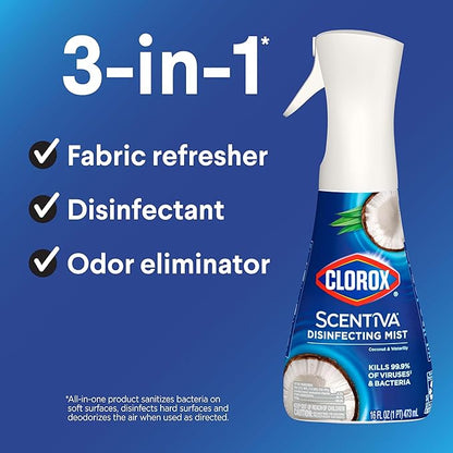 Clorox Scentiva Disinfecting Mist, Coconut and Waterlily, Refill, 16 Fluid Ounces Each, Pack of 3