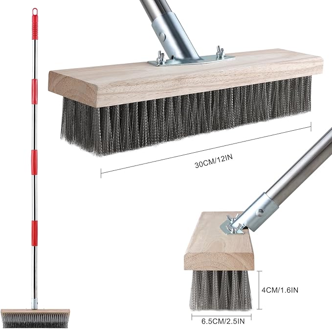Heavy Duty Wire Broom with Telescopic Handle(57IN), Stiff Metal Bristle Brush for Removing Weed Moss, Outdoor Floor Scrub Brush for Patio, Deck, Garden, Concrete, Garage