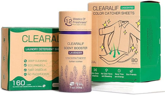 CLEARALIF All In One Laundry Kit. 80 Sheets Unscented Laundry Sheets, 7 oz Lavender Scent Booster Tube, 80 Sheets Color Absorber Sheets.