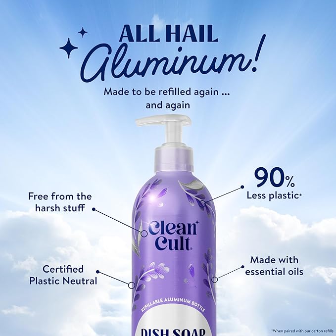 Cleancult -Wild Lavender - Liquid Dish Soap - Refillable Aluminum Bottle - Dish Soap that Cuts Grease & Grime - 16 oz - 1 Pack