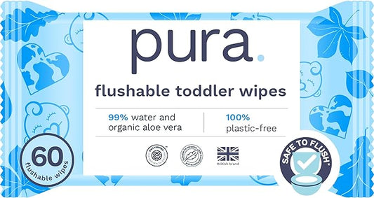 Pura Flushable Toddler Wipes 1 x 60 Wipes, 100% Plastic Free, 99% Water, Hypoallergenic & Fragrance Free, Totally Chlorine Free, Kids Toilet Wipes, Sensitive Skin