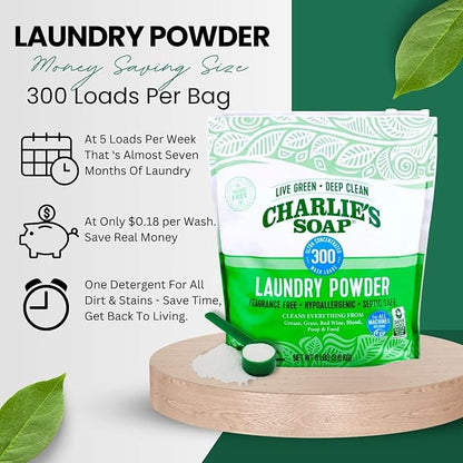 Charlie’s Soap Laundry Powder (300 Loads, 4 Pack) Fragrance Free Hypoallergenic Plant Based Deep Cleaning Laundry Powder – Biodegradable Eco Friendly Sustainable Laundry Detergent