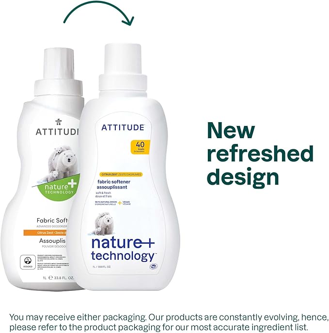 ATTITUDE Laundry Fabric Softener Liquid, Vegan and Naturally Derived Detergent, Plant Based, HE Washing Machine Compatible, Citrus Zest, 40 Loads, 33.8 Fl Oz