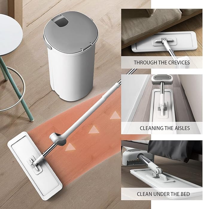 360 Hands-Free Self Wringing Floor Cleaning Mop, Flat Mop - Microfiber with 4 x Washable Pads, Hand Washing Free for Hardwood and Window, White