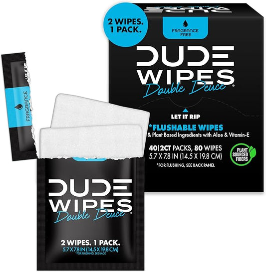 DUDE Wipes - Double Deuce - Two-In-One On-The-Go Flushable Wipes - 2 Pack, 80 Wipes - Unscented Extra-Large Individually Wrapped Wipes with Vitamin E & Aloe - Septic and Sewer Safe