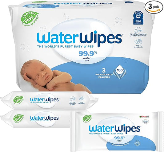 WaterWipes Plastic-Free Original Baby Wipes, 99.9% Water Based Wipes, Unscented & Hypoallergenic for Sensitive Skin, 180 Count (3 packs), Packaging May Vary