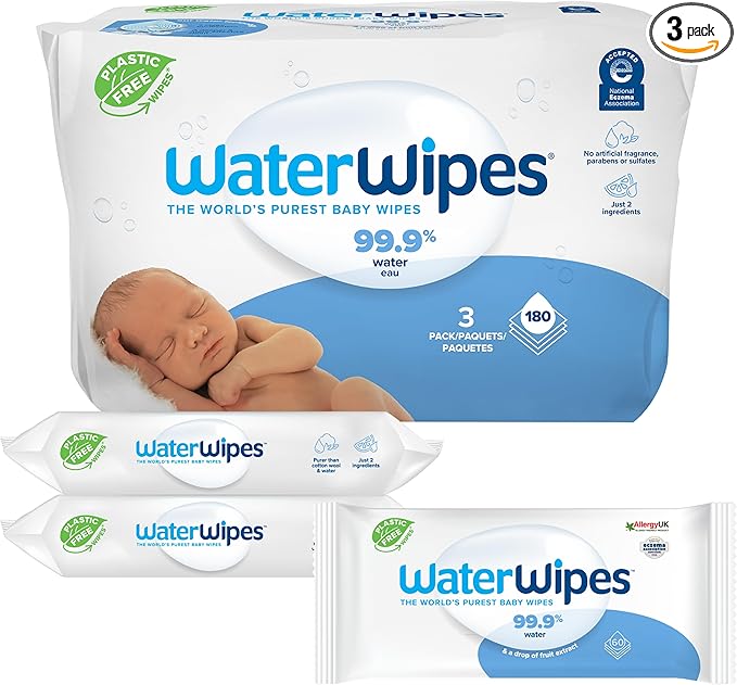 WaterWipes Plastic-Free Original Baby Wipes, 99.9% Water Based Wipes, Unscented & Hypoallergenic for Sensitive Skin, 180 Count (3 packs), Packaging May Vary