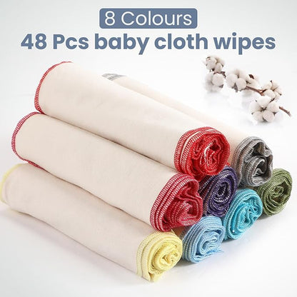 Mixweer 48 Pcs Flannel Cloth Baby Wipes Reusable Baby Diapers Wipes Washable Natural Unbleached Face Wipes Soft and Sturdy Cloth Wipes 8 Colors Outer Stitching 8 x 8 Inches