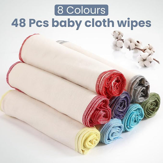 Mixweer 48 Pcs Flannel Cloth Baby Wipes Reusable Baby Diapers Wipes Washable Natural Unbleached Face Wipes Soft and Sturdy Cloth Wipes 8 Colors Outer Stitching 8 x 8 Inches