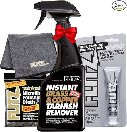 Flitz BC 01806 Instant Brass and Copper Tarnish Remover 16 oz Spray Cleaner + 16 oz Metal Polish Paste Cream + EXTRA LARGE Microfiber Cloth Shine Away Corrosion
