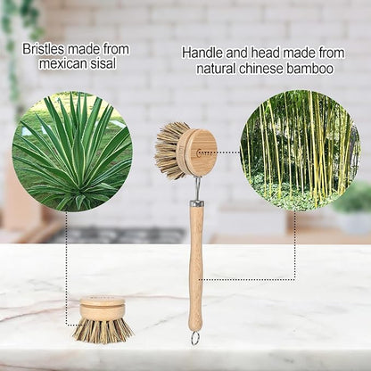Bamboo Dish Scrubber - Hard Bristles, Natural Dish Brush with Handle 4 Replacement Heads, Compostable & Sustainable, Kitchen Brush for Cleaning Dishes, Pots and Pans