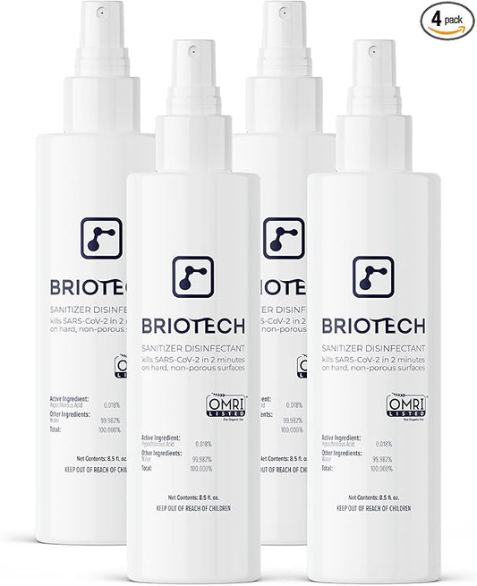 BRIOTECH Sanitizer Disinfectant Hypochlorous Spray, Kills 99.99% of Viruses & Bacteria, Eliminate Odor, Gentle for Nurseries & Play Rooms, Food Contact Surface Sanitizer, 8 fl oz ea, 4 ct