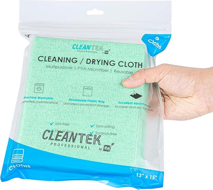 Restaurantware-Clean Tek Professional 13 x 15 Inch Cleaning Cloths, 5 Reusable Cloth Towels - Machine Washable, Absorbent, Green PVA Microfiber Cleaning Rags, Fast Drying,For Windows Or Cars