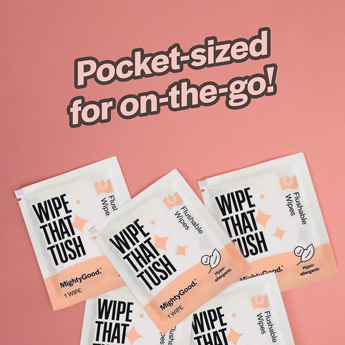 Wipe That Tush On-The-Go Flushable Wet Wipes - 4 Pack, 120 Wipes - Individually Wrapped Extra-Large Wipes with Aloe - Hypoallergenic & Unscented - Septic and Sewer Safe