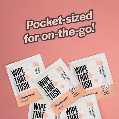 Wipe That Tush On-The-Go Flushable Wet Wipes - 4 Pack, 120 Wipes - Individually Wrapped Extra-Large Wipes with Aloe - Hypoallergenic & Unscented - Septic and Sewer Safe