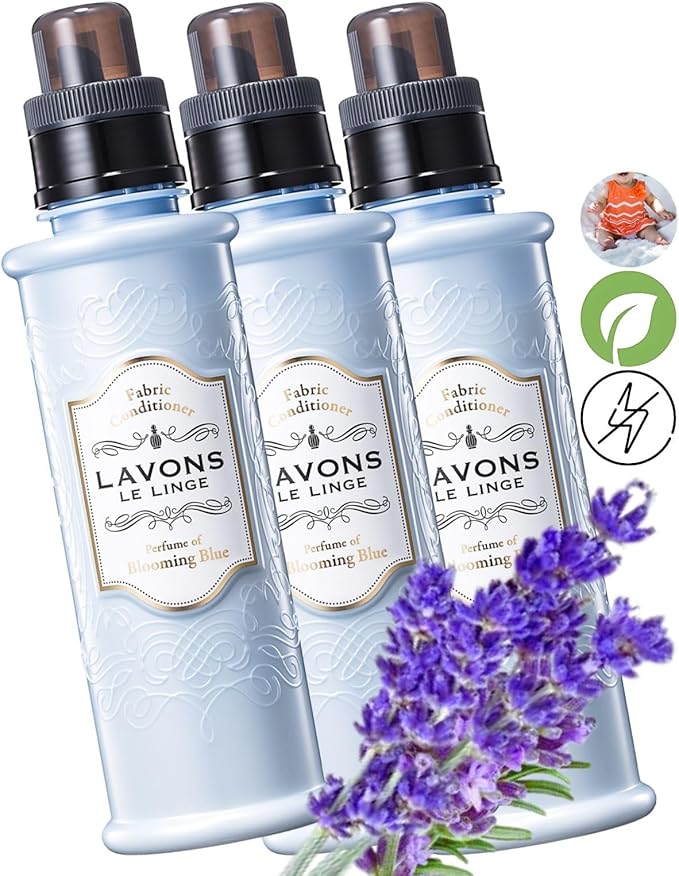 Natural Fabric Conditioner for Sensitive Skin, Plant-Based Laundry Softener for Baby & Pet, Reduces Fabric Wrinkles, Long-Lasting Scent & Odor Control from Japan, BLUE BLOOMING, 20.3 Fl Oz. 3EA