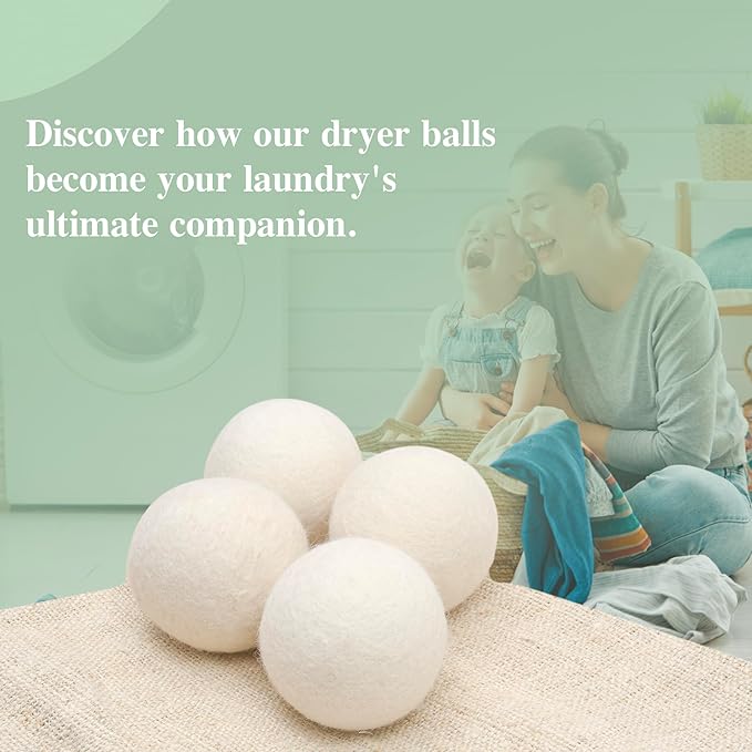 Organic Wool Dryer Balls for Dryer - XL Reusable Fabric Softener Ball for Wrinkle-Free Clothes - Time Saving Handmade Wool Laundry Balls for Dryer (White - 4 Pack)