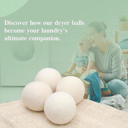 Organic Wool Dryer Balls for Dryer - XL Reusable Fabric Softener Ball for Wrinkle-Free Clothes - Time Saving Handmade Wool Laundry Balls for Dryer (White - 4 Pack)