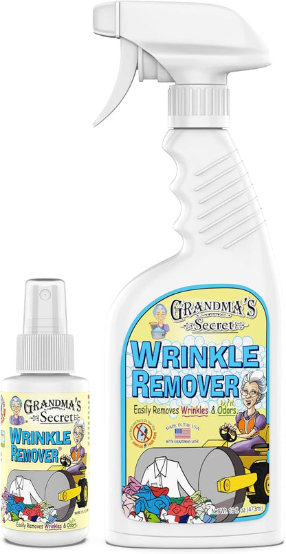 Grandma's Secret Wrinkle Remover - Wrinkle Release Spray, Odor Eliminator, and Fabric Refresher Spray - Chlorine and Bleach Free - 16 oz & 3 oz Travel Size Combo
