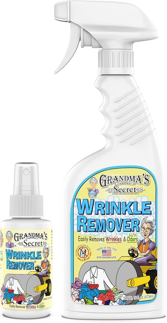 Grandma's Secret Wrinkle Remover - Wrinkle Release Spray, Odor Eliminator, and Fabric Refresher Spray - Chlorine and Bleach Free - 16 oz & 3 oz Travel Size Combo