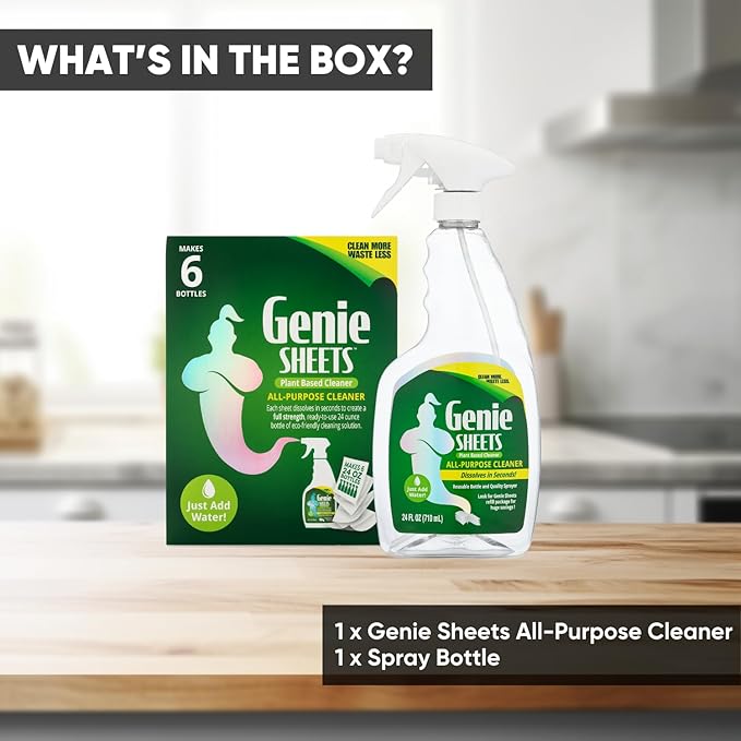 Genie Sheets All Purpose Cleaner | 1 Bottle with Sprayer + Concentrate Makes 6 24oz Refills | Professional-Strength | Just Add Water | Sustainable Eco-Friendly Plant-Based