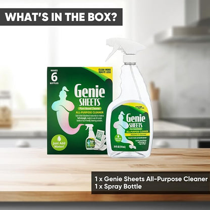 Genie Sheets All Purpose Cleaner | 1 Bottle with Sprayer + Concentrate Makes 6 24oz Refills | Professional-Strength | Just Add Water | Sustainable Eco-Friendly Plant-Based
